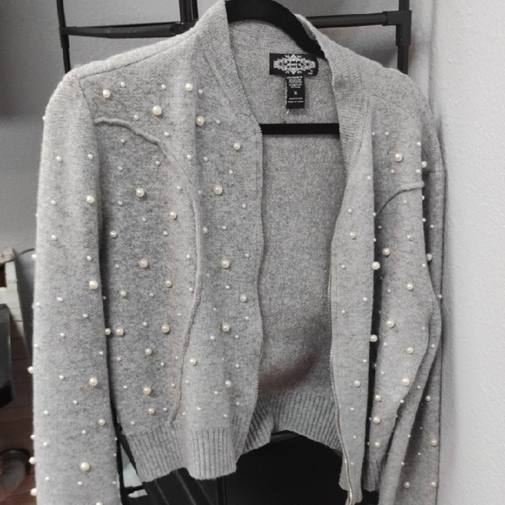Gray Pearl Embellished Women's Sweater